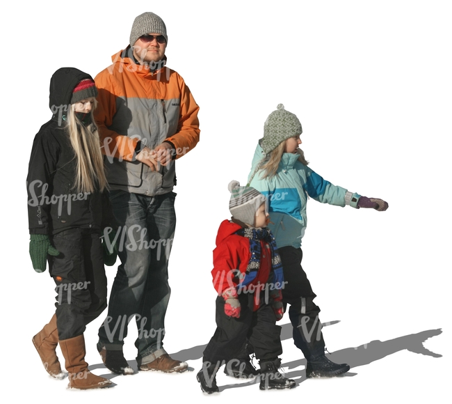 cut out man with three children walking in winter