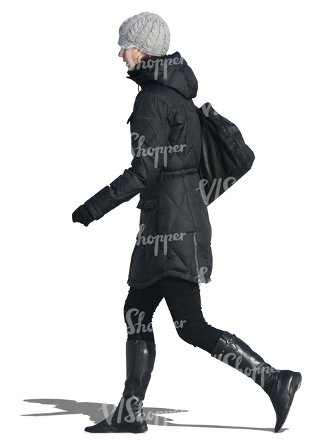 cut out woman in a black winter coat walking