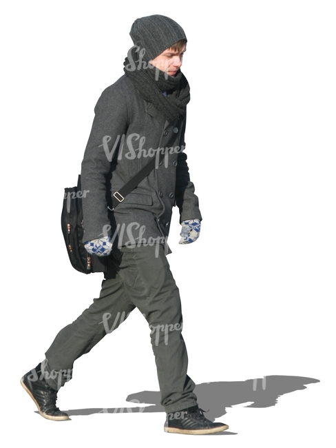 cut out man in a black winter coat walking