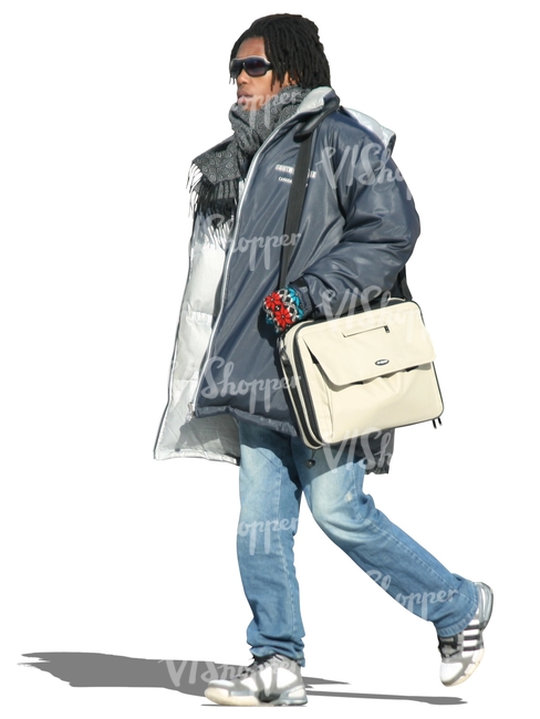 cut out black man in a winter jacket walking