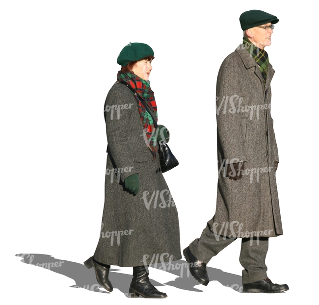 man and woman in grey winter coats walking