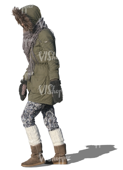 cut out woman in a winter coat walking