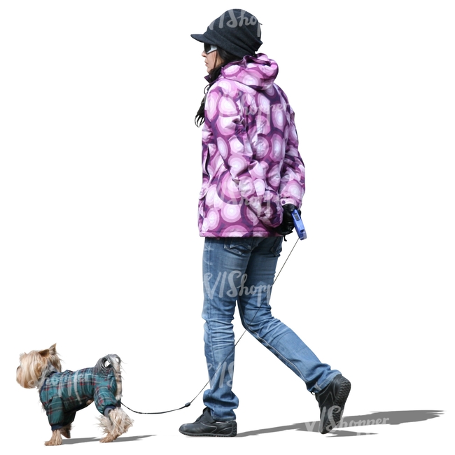 cut out woman walking a dog in winter