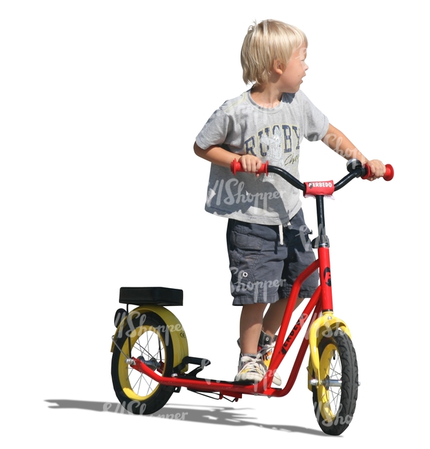 cut out blond boy riding a scooter