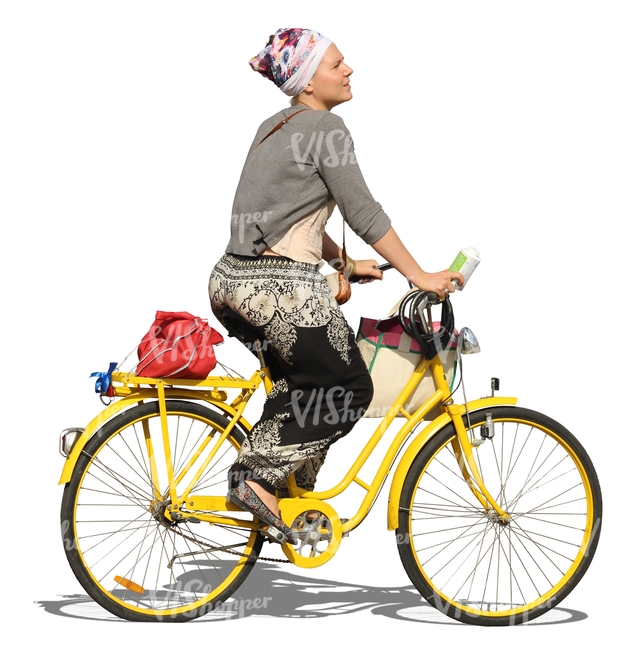 cut out woman riding a yellow bike