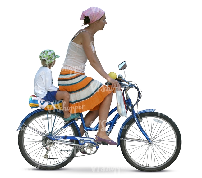 woman riding a bike with a boy at back