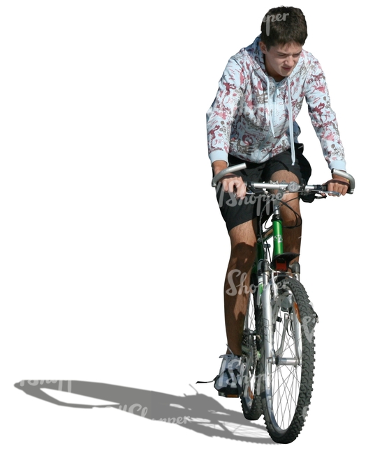 cut out young man in shorts cycling