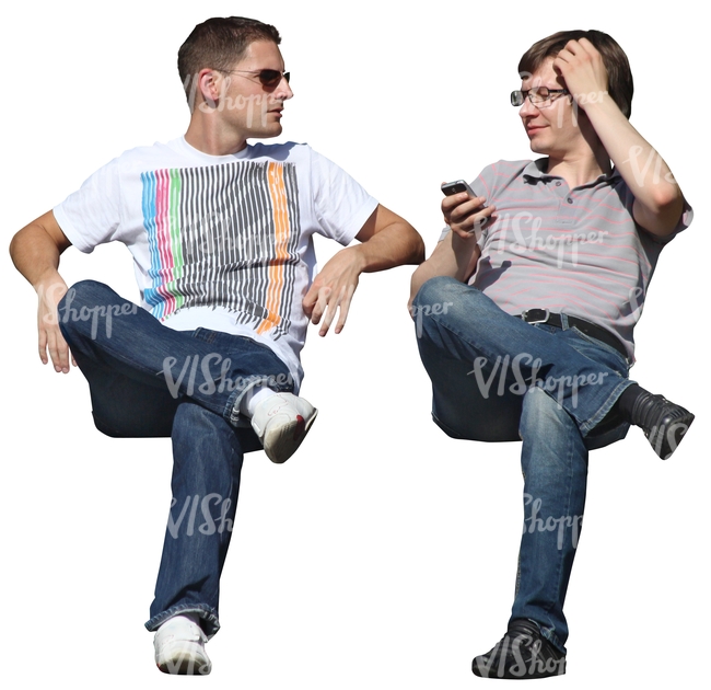 two cut out men sitting and talking