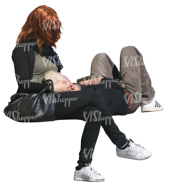 woman sitting and a man sleeping on the bench