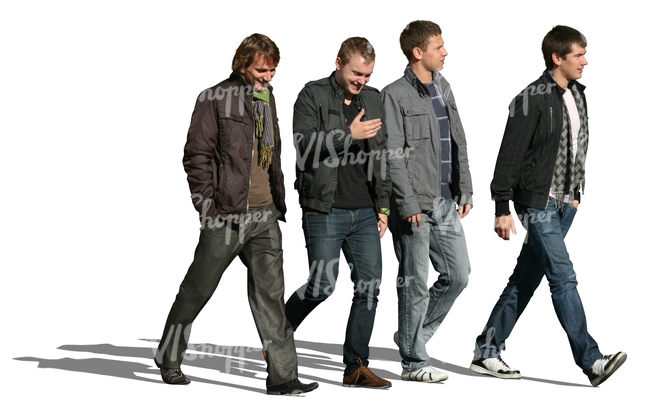 four cut out men walking