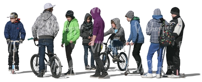 cut out group of teenage boys with bikes