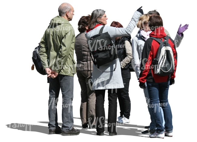 cut out group of adults standing and pointing at smth