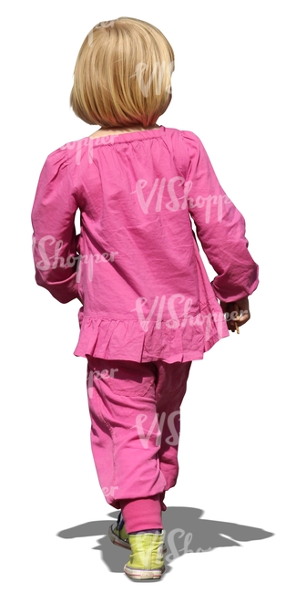 cut out blond girl in pink outfit walking