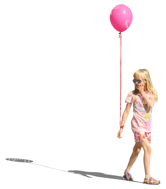 blond girl walking with a balloon in her hand
