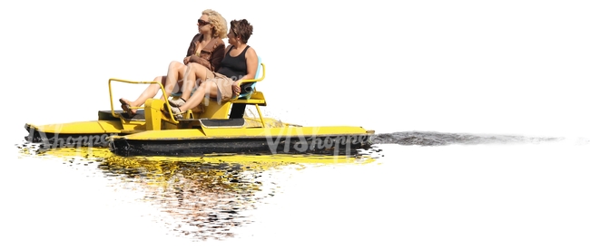 two women riding a pedalo