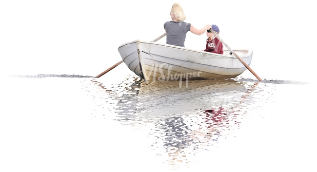 mother and son rowing a boat