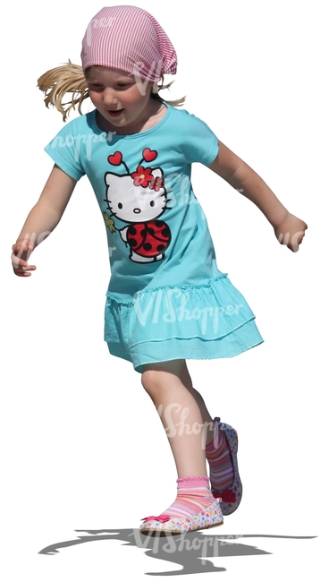 young girl in blue dress running