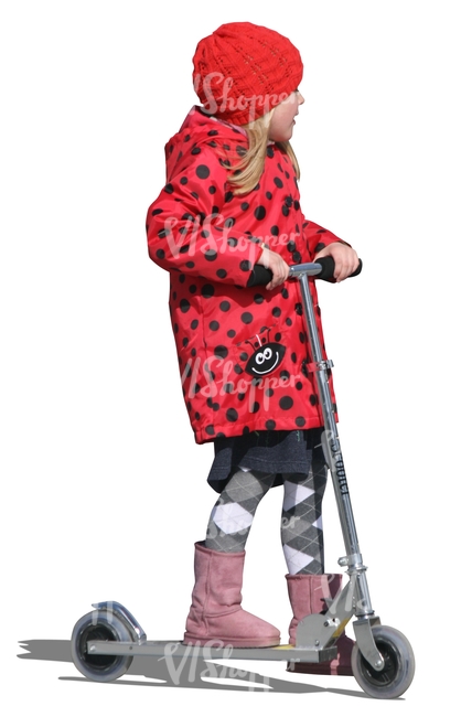 girl in a red coat riding a scooter