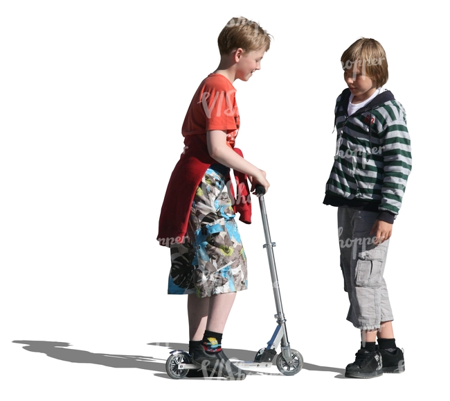 two boys with a scooter standing and talking 