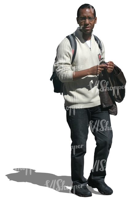 cut out black man in a white sweater walking