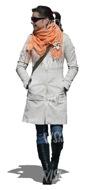 cut out woman in a white coat walking 