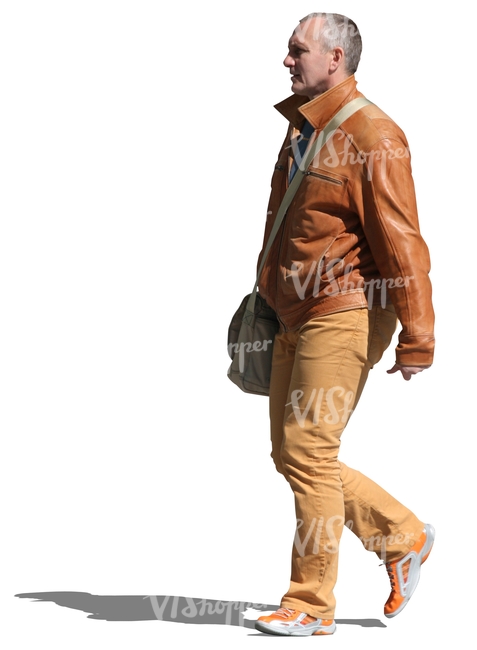 cut out man wearing a brown leather jacket walking