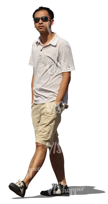 cut out asian man walking hands in pocket