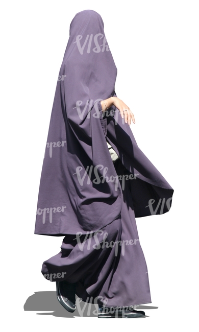 muslim woman in a purple abaya walking