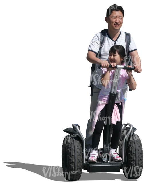 asian man riding a segway with his daughter