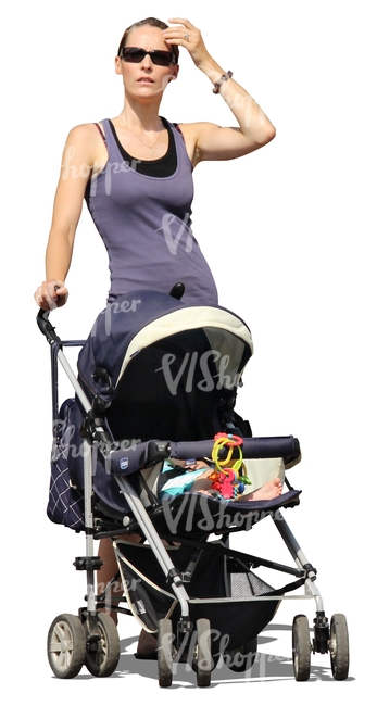 cut out woman standing with a baby carriage