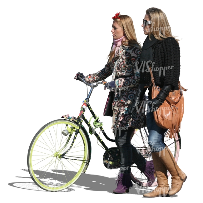 two women walking with a bike