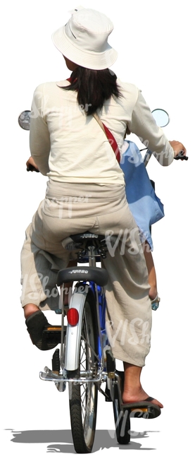 asian woman and a child riding a bike