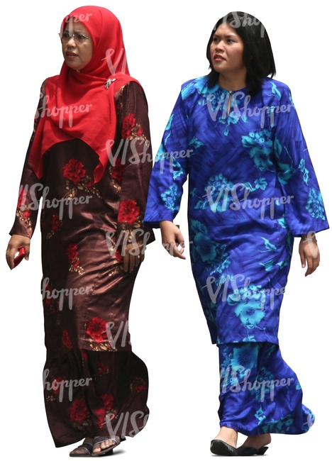 cut out muslim women in colorful abayas walking