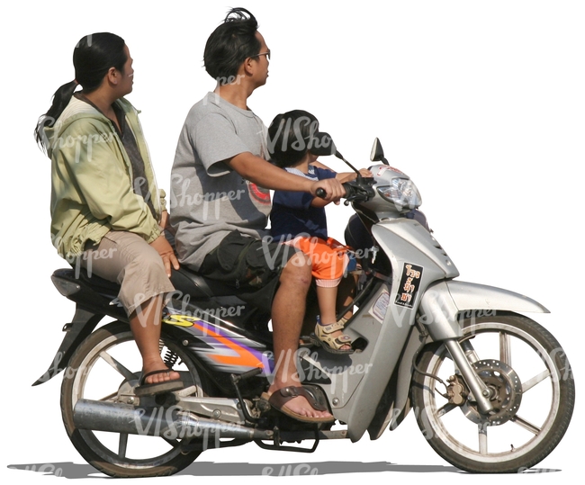 cut out asian family riding a scooter