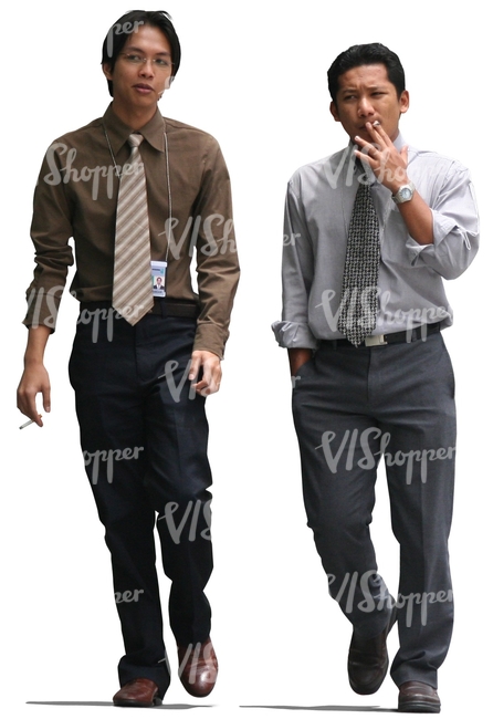 two asian businessman walking and smoking