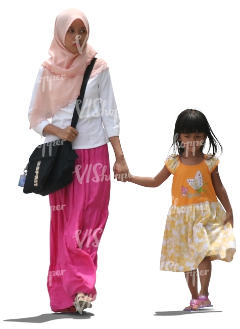 cut out muslim woman walking with her daugther