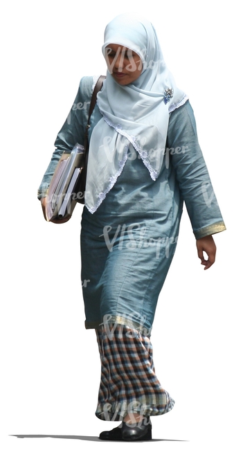 cut out muslim woman in a blue abaya walking