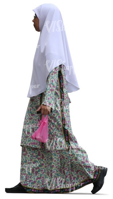 cut out muslim woman in a grey abaya walking