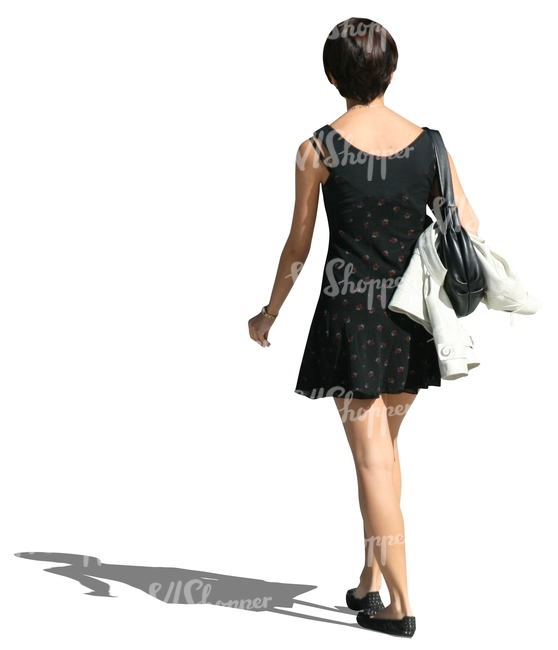 woman in a black mini dress walking