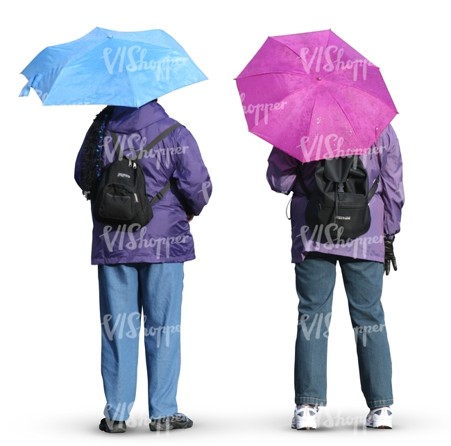 two people standing with umbrellas