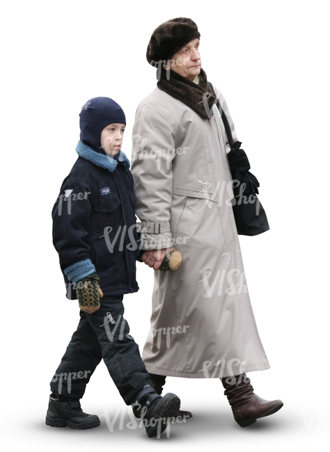 grandmother and grandson walking hand in hand