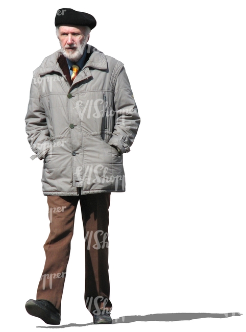 elderly man in a grey coat walking