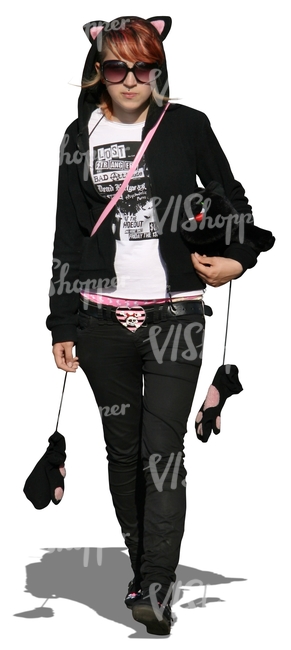 girl in a black costume walking