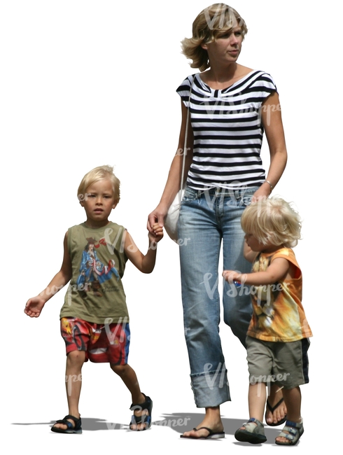 woman with two children walking
