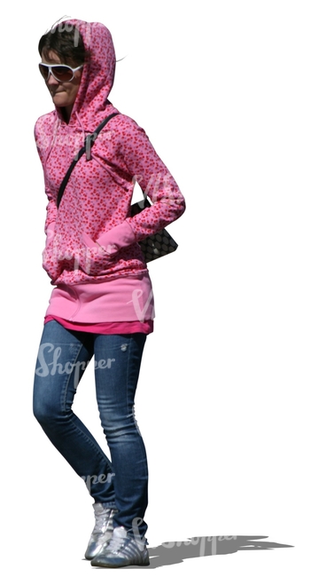 woman wearing a pink hoodie walking
