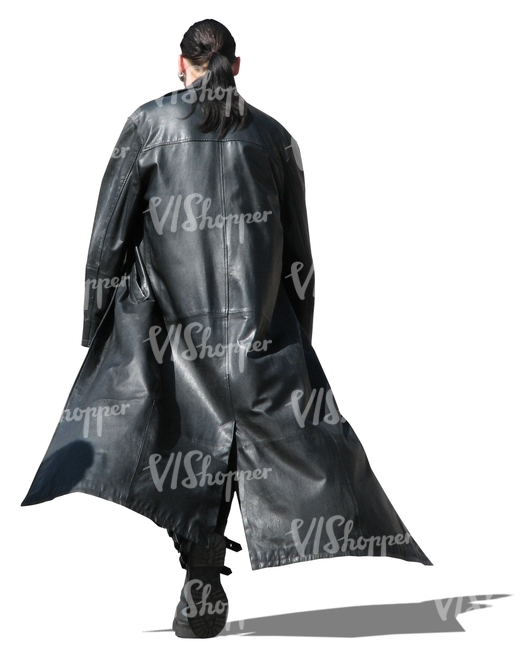 man in a long letaher coat walking