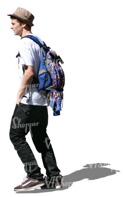 young man wearing a hat walking