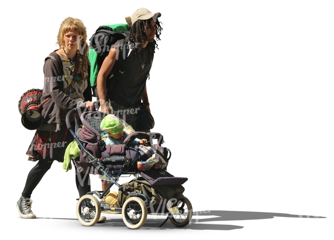 bohemian family pushing a baby stroller