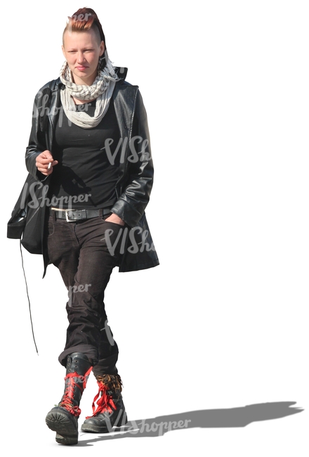 punk woman dressed in black walking