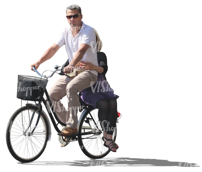 man riding a bike with a woman on the rack